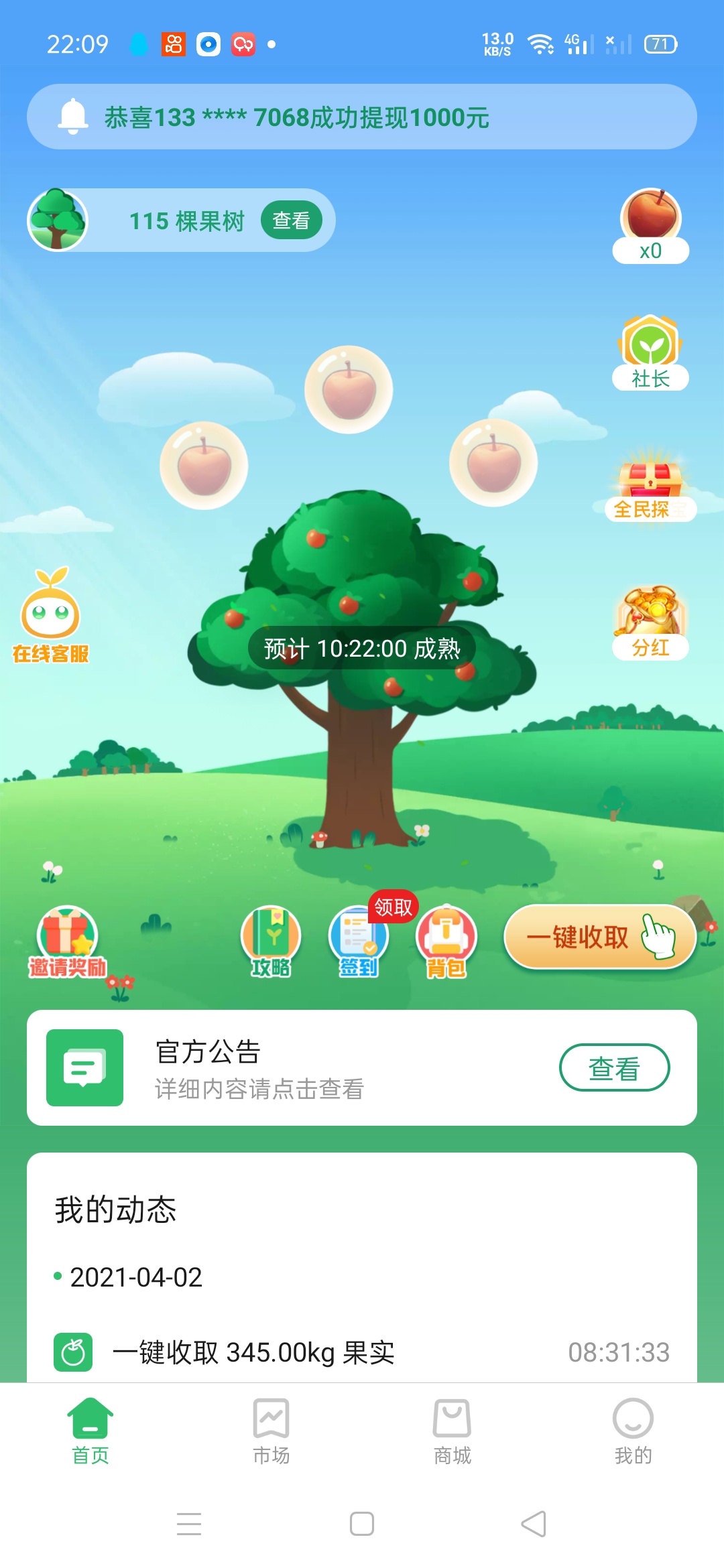 阳光果园 115颗树 已回本 希望不要跑路 坚持上1年  躺赚

22 / 作者:1621074516 / 