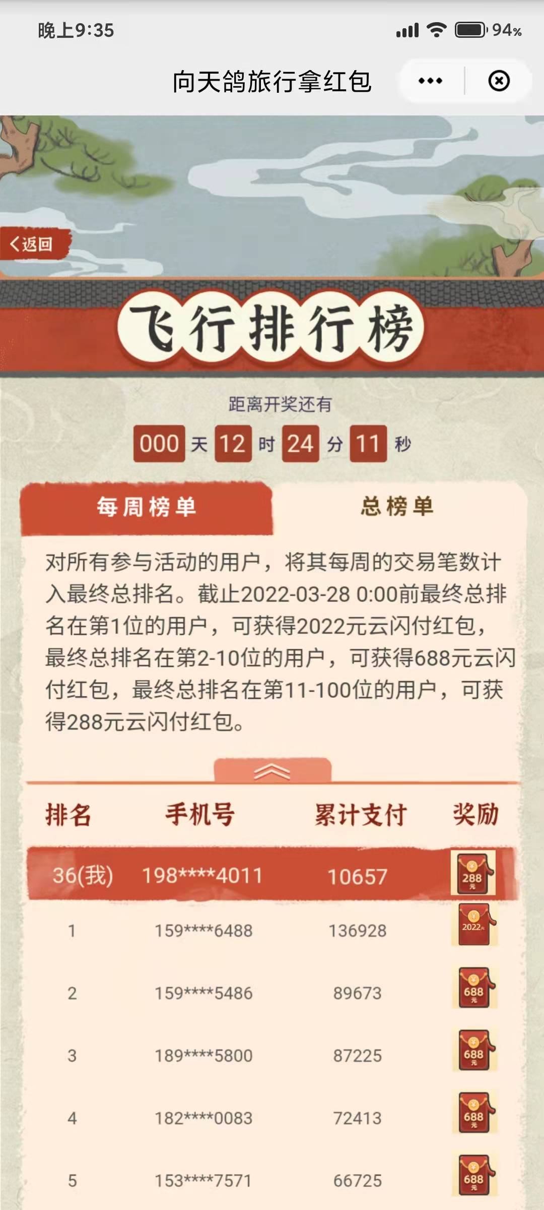 浙江云闪付明天10点开奖了，上了两个号。

70 / 作者:大狸子呱呱呱 / 