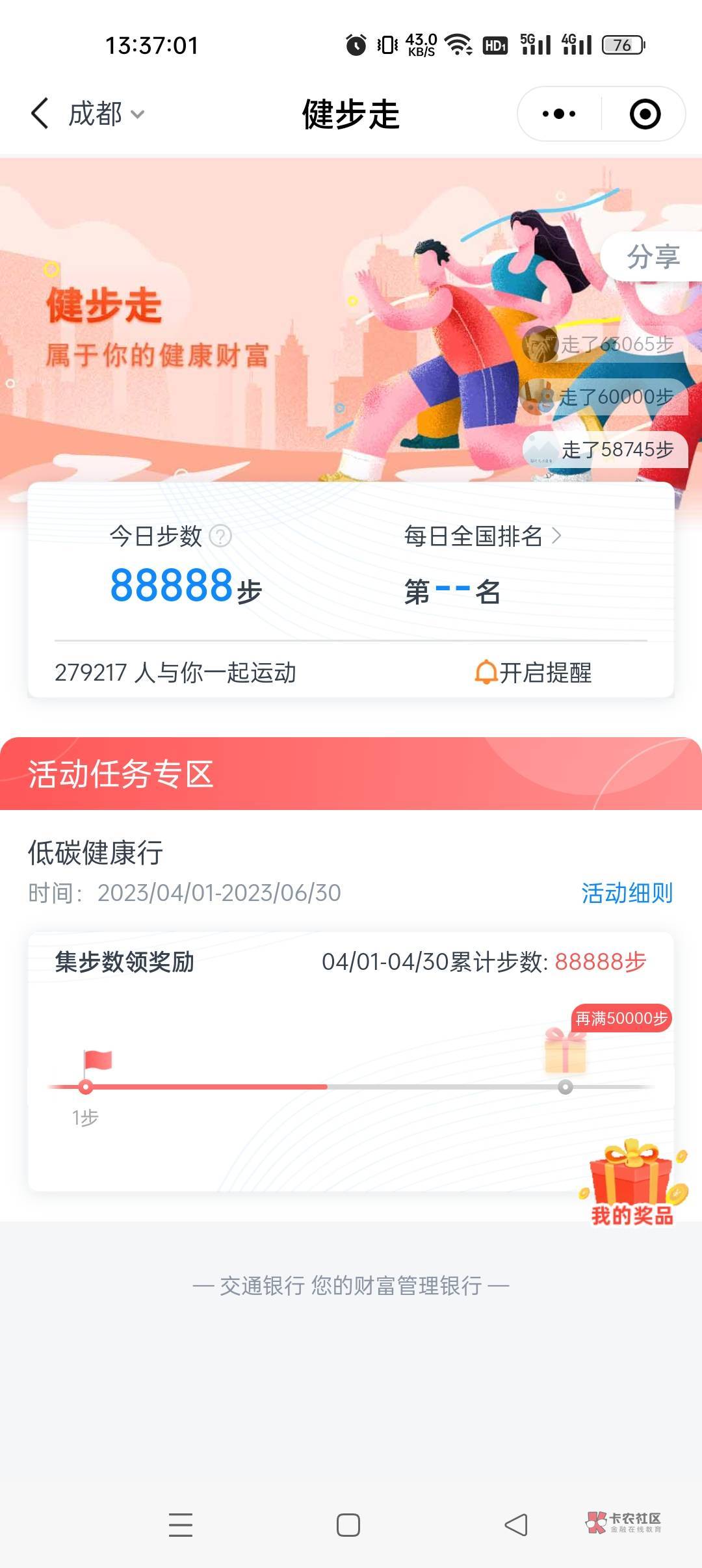 交通银行小程序定位成都，下拉低碳健康行，刚抽有水，微信步数更新器应该都有吧，冲冲83 / 作者:在人间凑数的 / 