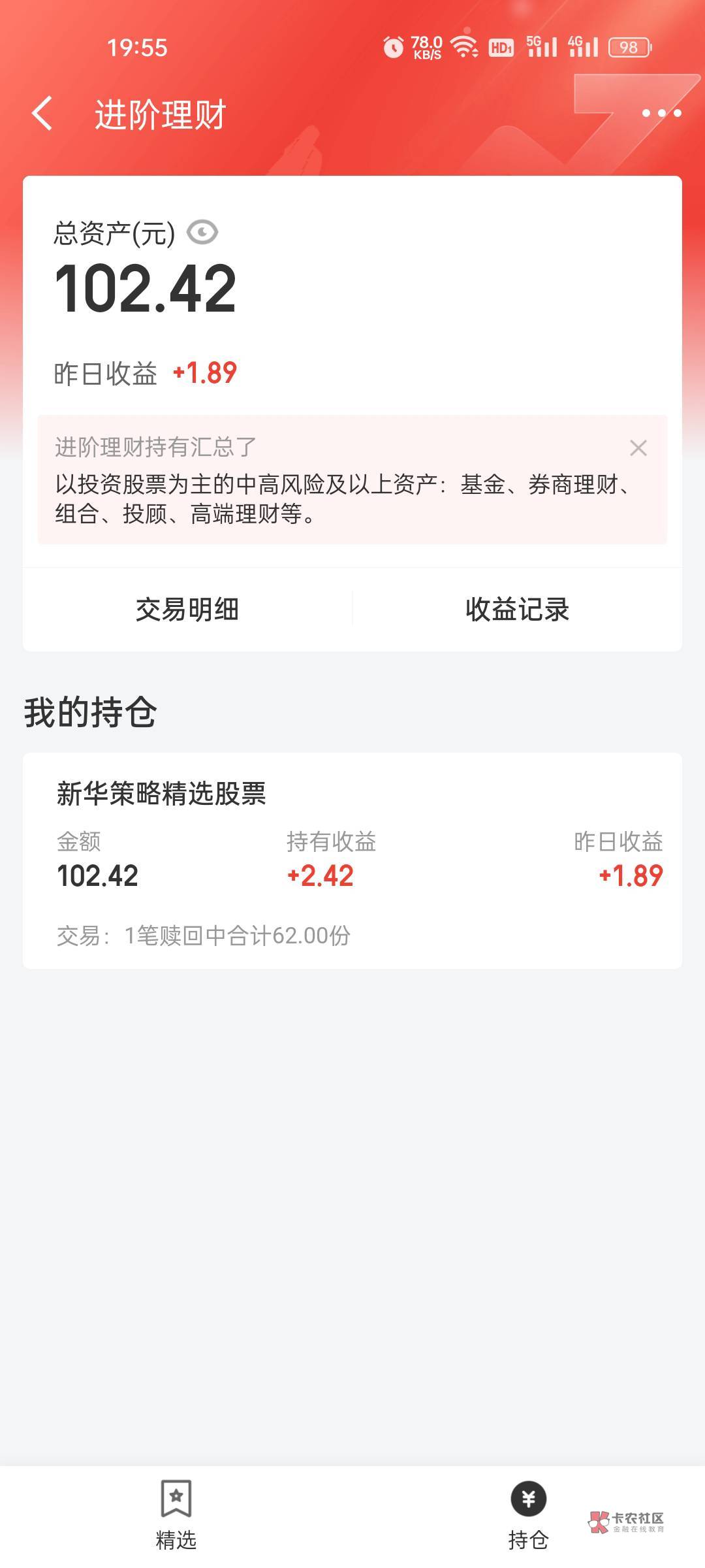 前几天京东金融88买100，今天已经赎回了到账100，利润12，没有买的老哥拍大腿了。
4 / 作者:hb老隐蔽 / 