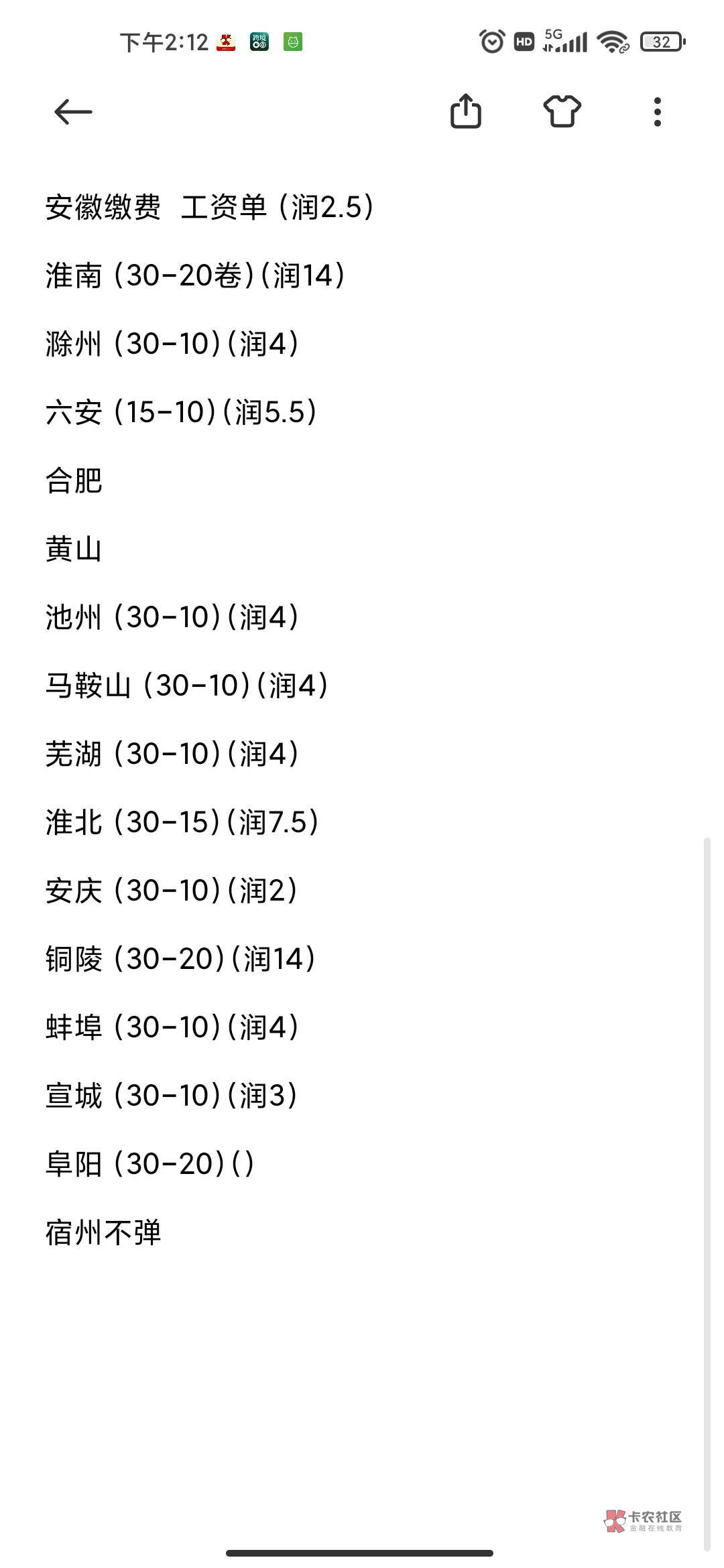 老哥们安徽缴费地区模板来了，合肥和黄山上个月搞过的的不行，没搞过的发财总共一百多55 / 作者:老哥发财 / 