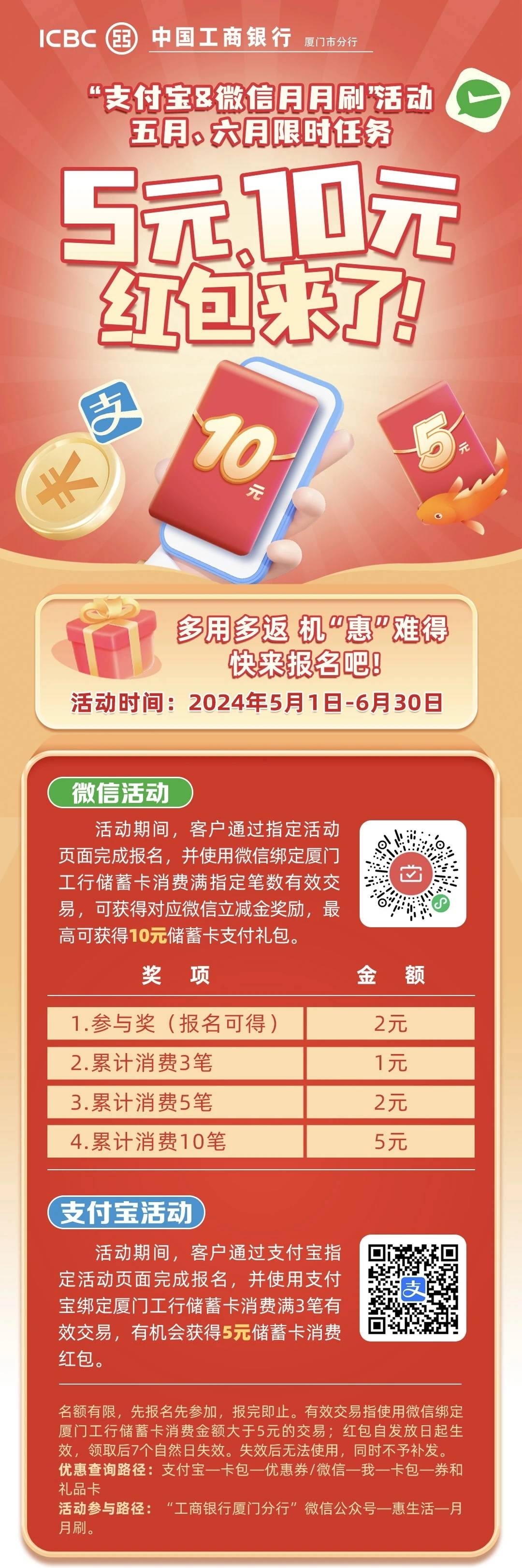 明天厦门工行储蓄卡微信和支付宝月月刷，分别为10元和5元。

1 / 作者:梦回旧景ovo / 