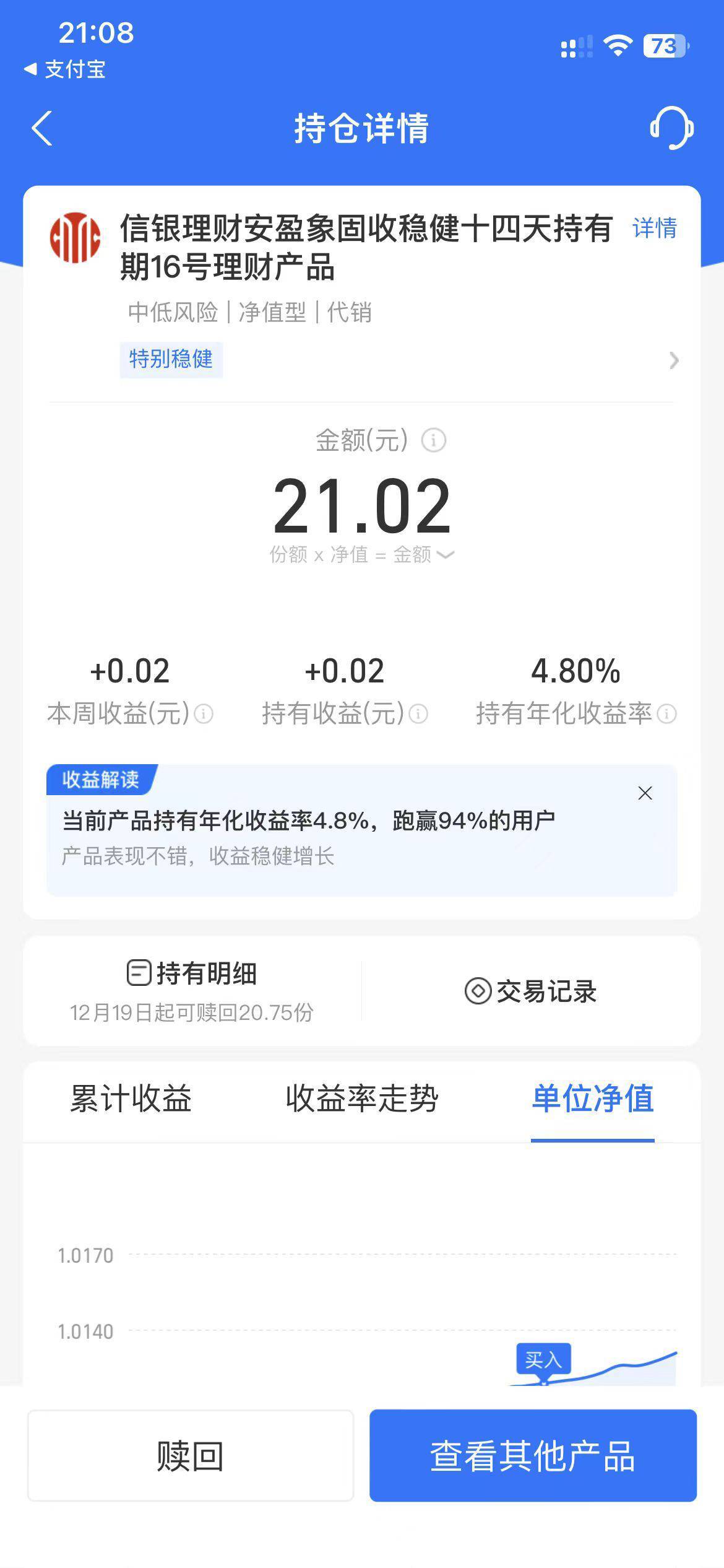 稳利宝送的18888体验金收益有21块，过几天天就能赎回了。

81 / 作者:钟意ffds / 