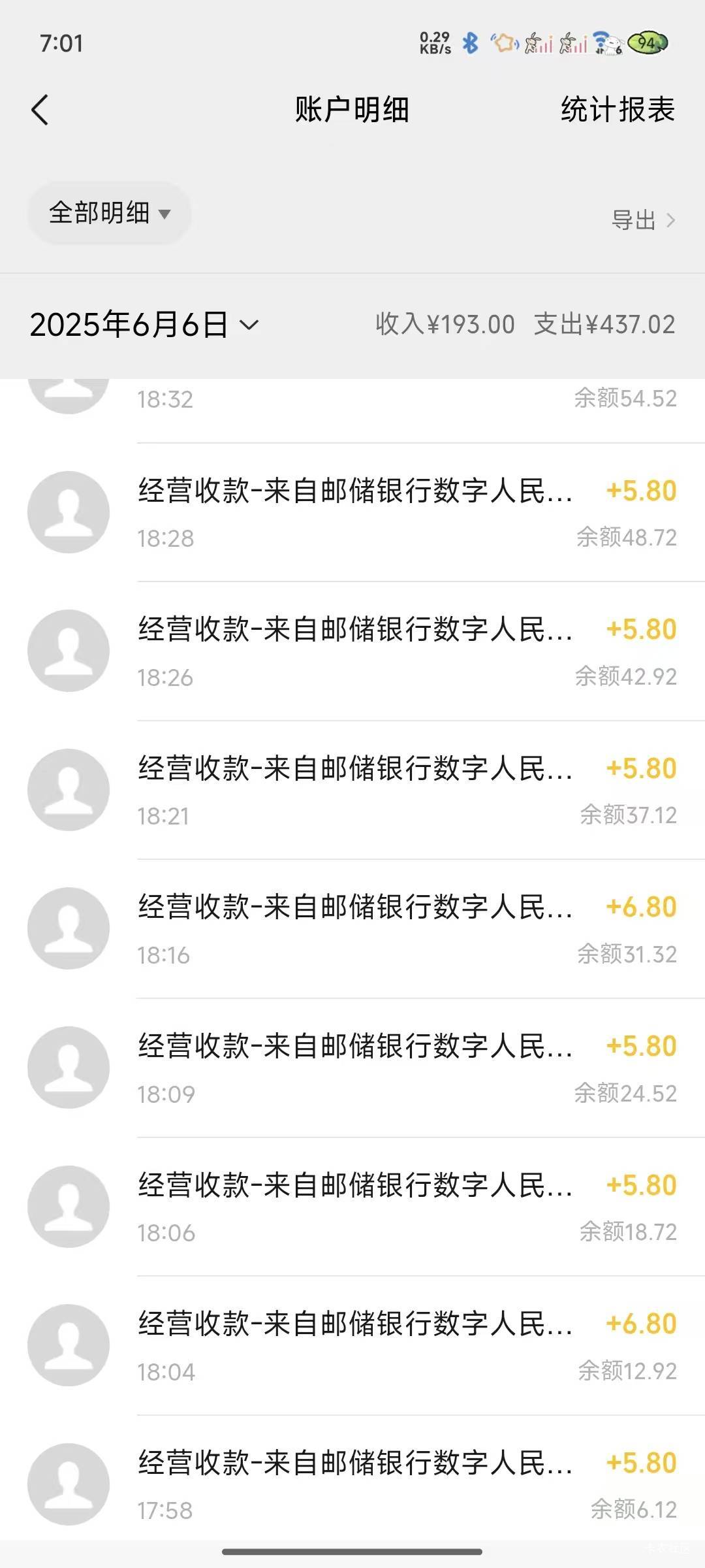 大连邮储一共弄了96,收款码还有一个6.8没到，收款也没有记录第一次遇到付款没到账的。7 / 作者:像 风一样的感觉 / 