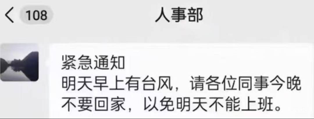 通知:明天早上有台风，请各位同事今晚不要回家，以免明天不能上班。

61 / 作者:疯狂的我 / 