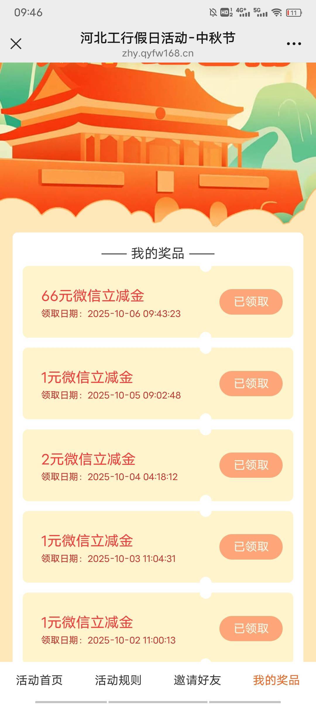 中秋这两天河北工行中了三个66立减，还抽到了央视的五粮液白酒。嘿嘿大概500毛是有的25 / 作者:伶俐咩 / 