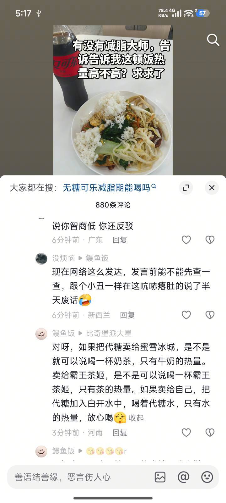 抖音nt这么多？我发了一句无糖可乐没热量，减肥随便喝。这壁发言看的我脑子疼



84 / 作者:好好做个卡农人 / 