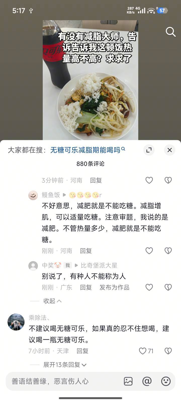 抖音nt这么多？我发了一句无糖可乐没热量，减肥随便喝。这壁发言看的我脑子疼



85 / 作者:好好做个卡农人 / 
