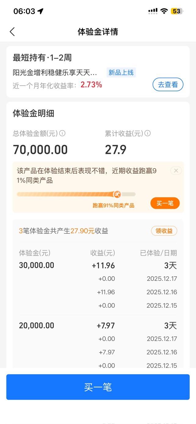 支付宝前几天换的体验金可以领熟悉了，27毛多

18 / 作者:so？ / 
