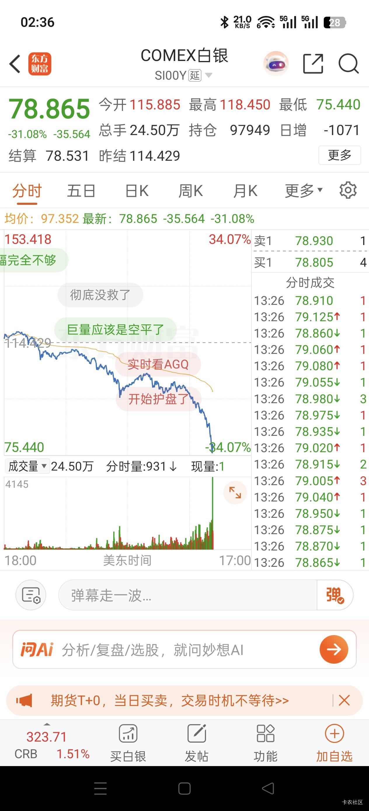 30个点，买白银的 早上睁眼一看 天塌了 还有在停牌里面的，直接腰斩出来 

85 / 作者:Zrn章若楠 / 