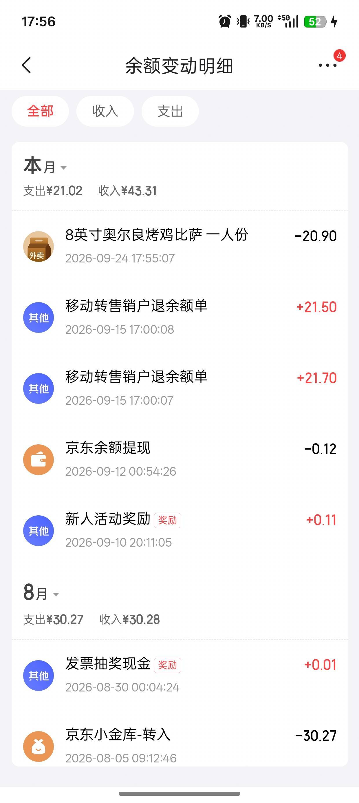 突然发现之前做虚拟卡实名任务，把京东卡注销有余额到账。点了个披萨，算过节了。

0 / 作者:折本宿舍 / 