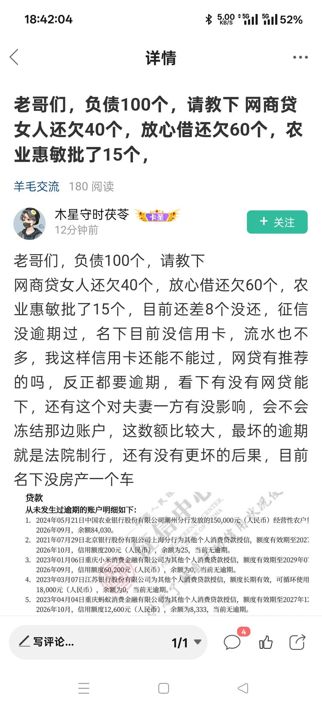 老哥们，负债200个，请教下
网商贷女人还欠40个，放心借还欠60个，农业惠敏批了15个，89 / 作者:扛不住了老哥们 / 